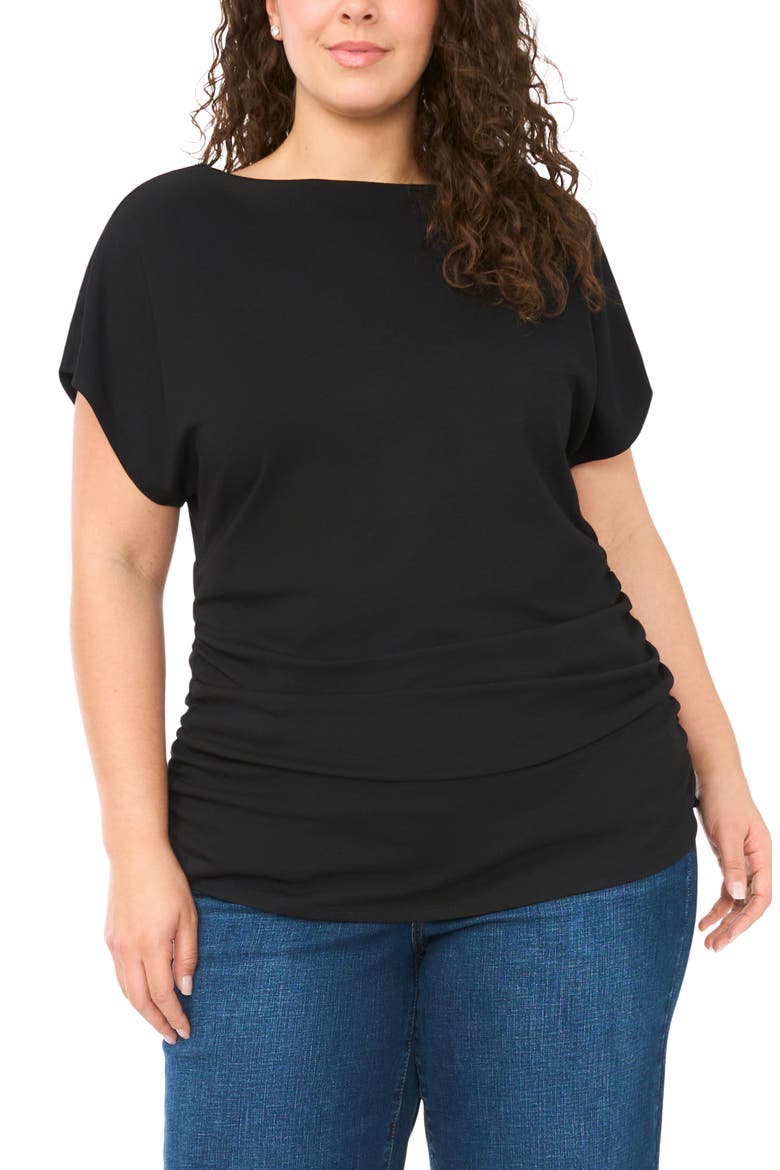Shirred Dolman Short Sleeve Ponte Top, Main, color, RICH BLACK 060