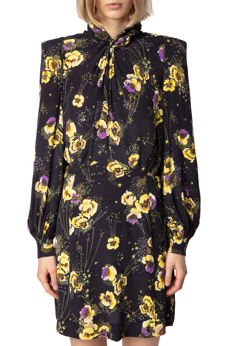 Zadig & Voltaire Ryda Yoko Strass Tie Neck Long Sleeve Crepe Dress, Alternate, color, 