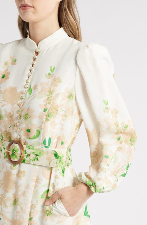 Tahari Asl Border Print Belted Long Sleeve Dress In Ivory Fern