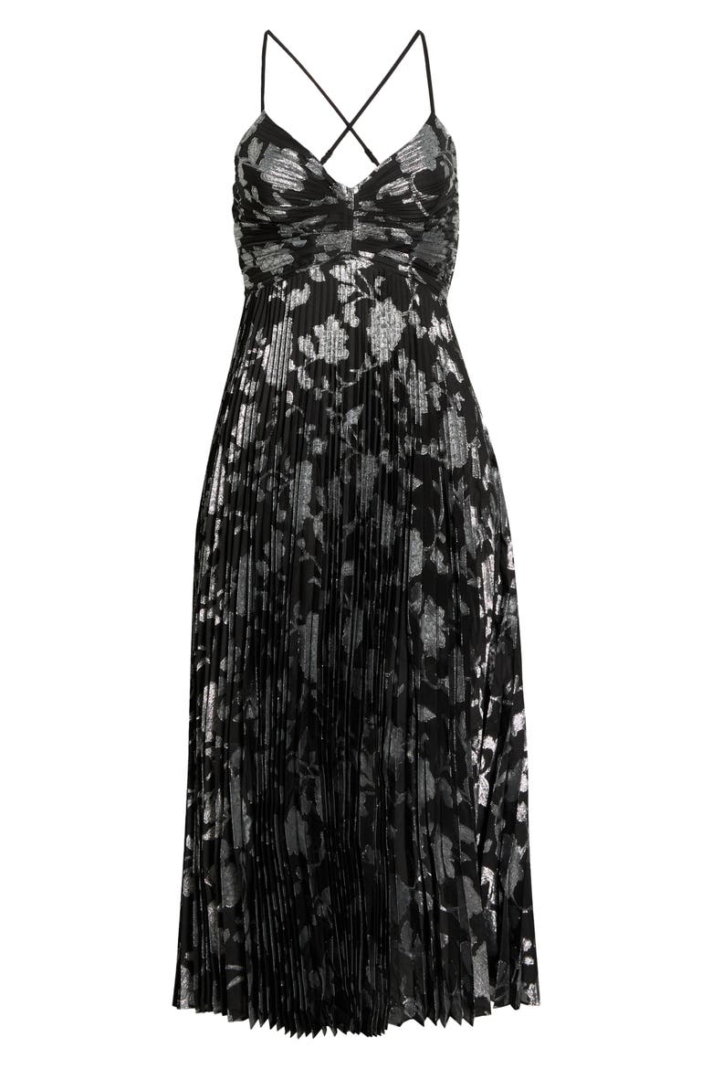Saoirse Floral Metallic Pleated Mini Dress, Alternate, color, BLACK SILVER