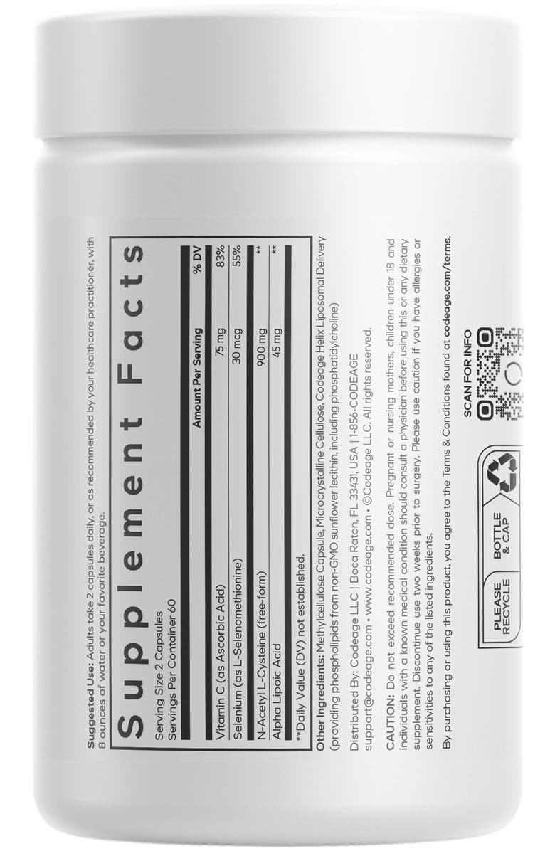 Codeage Liposomal NAC+ Platinum, N-Acetyl L-Cysteine, Vitamin C, Alpha Lipoic Acid, Selenium, Alternate, color, White