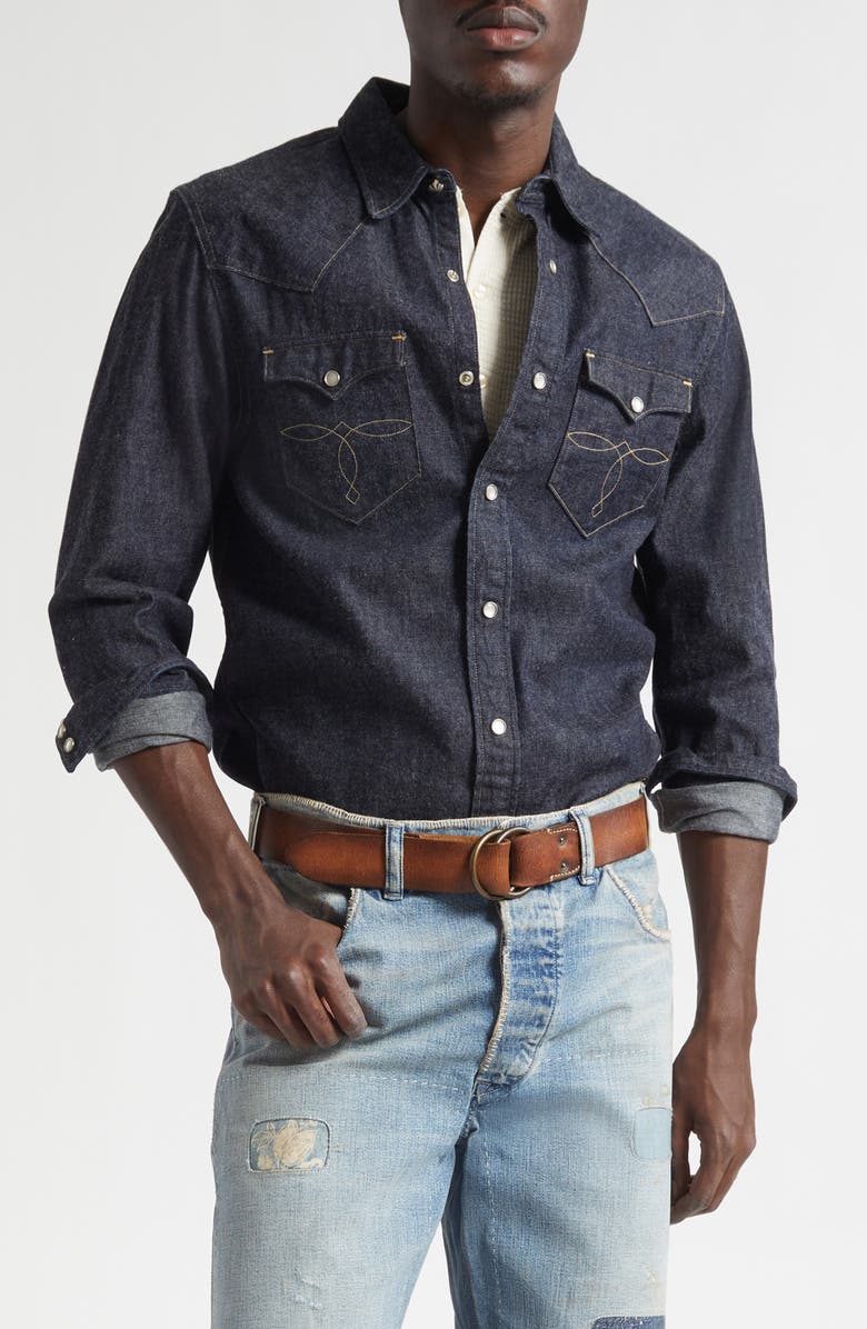 Double RL Buffalo West Slim Fit Denim Western Snap-Up Shirt, Main, color, 