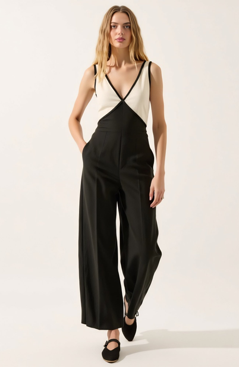 Modenaire Sleeveless Wide Leg Jumpsuit with Deep V-Neckline, Alternate, color, Black / Cream
