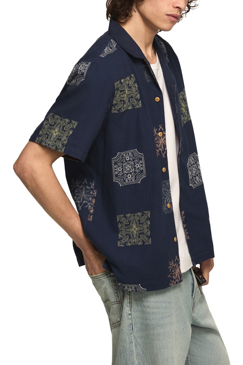 Embridered Tile Pattern Cotton Camp Shirt, Alternate, color, BLUE MULTI