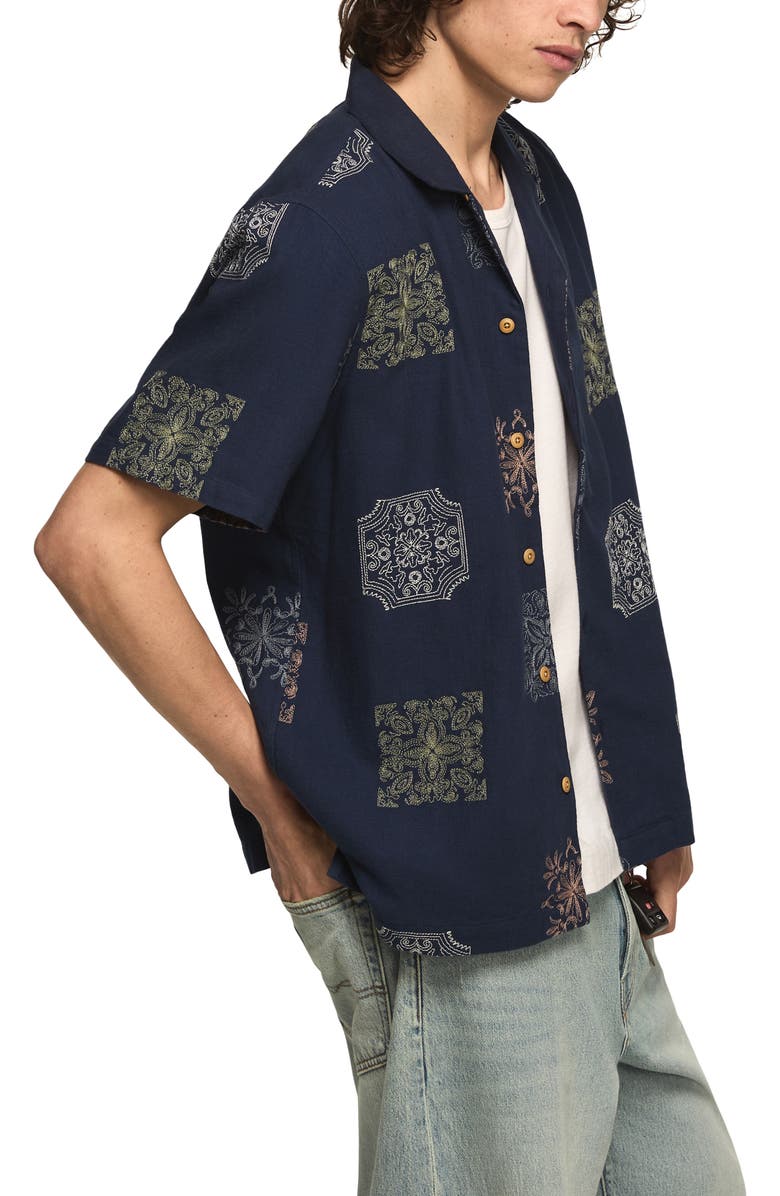 Lucky Brand Embridered Tile Pattern Cotton Camp Shirt, Alternate, color, Blue Multi