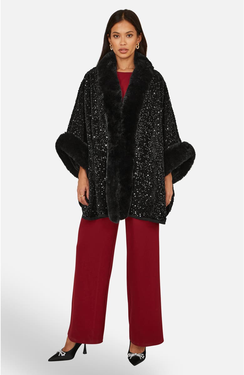 Yumi Textured Faux Fur Lined Cape, Alternate, color, Black
