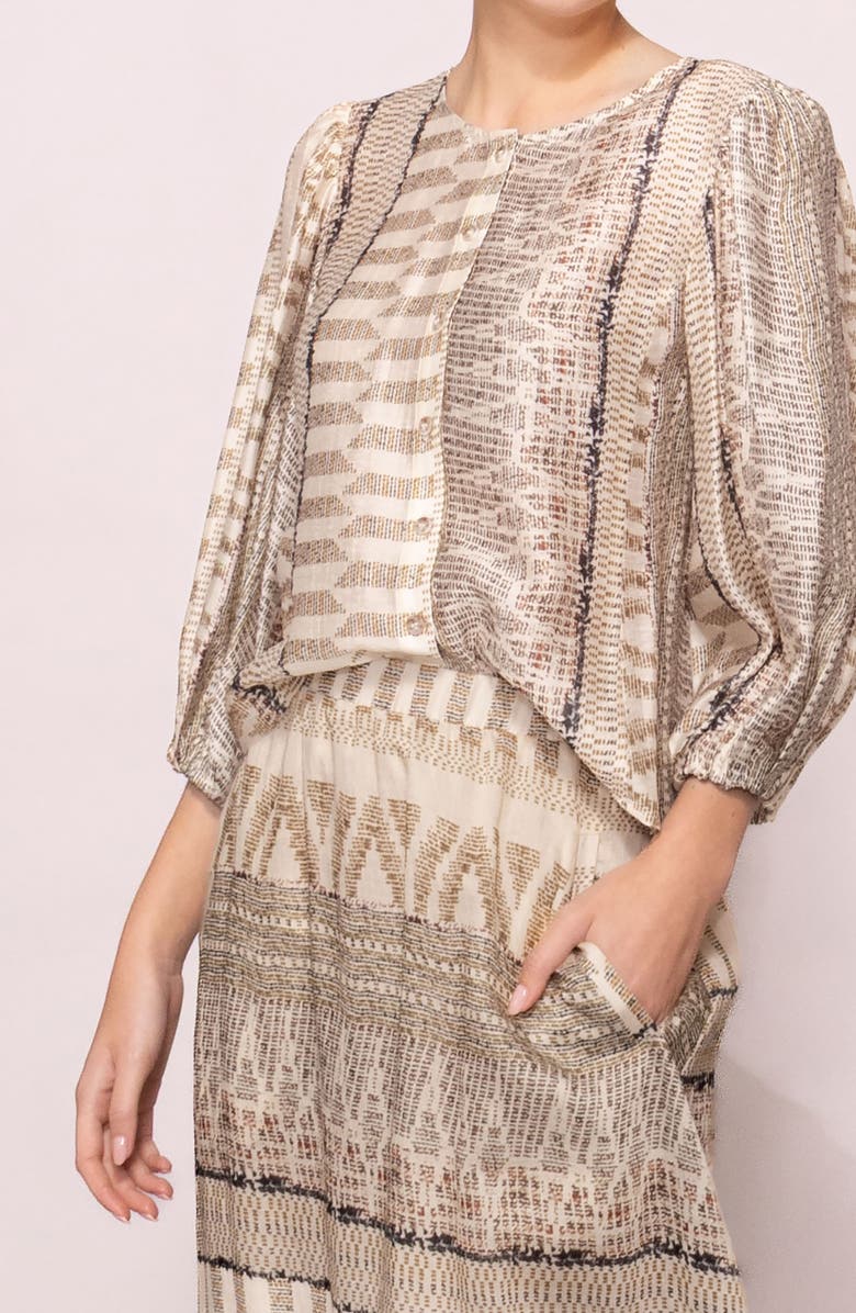 MELLODAY Puff Sleeve Button-Up Shirt, Alternate, color, Blush Multi