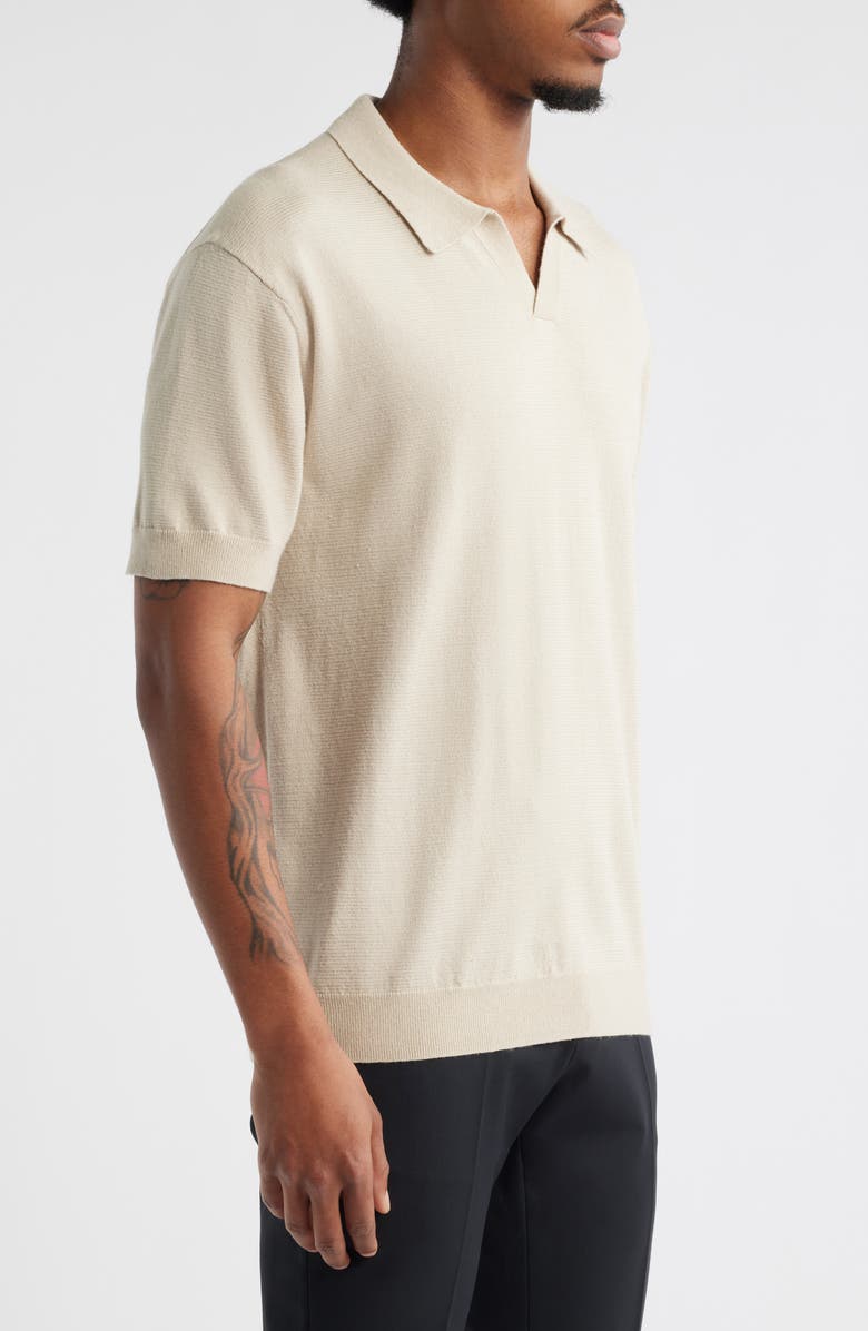 Open Edit Short Sleeve Johnny Collar Polo Sweater, Alternate, color, Beige Birch