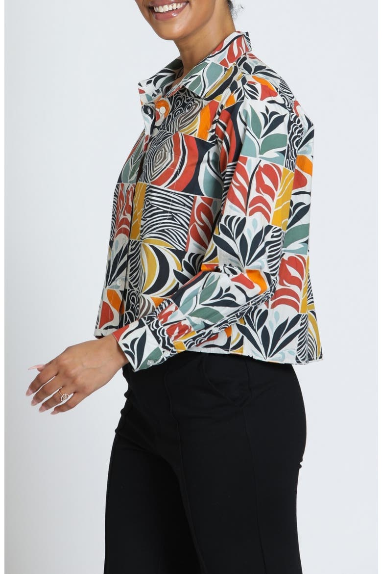Print Cotton Button-Up Crop Shirt, Alternate, color, TERRACOTTA/MOSS