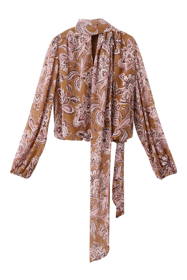 Floral Print Tie Neck Top, Main, color, BROWN