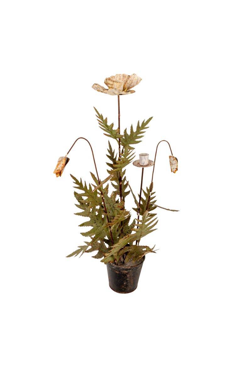 Metal Poppy Flower Candle Holder in Cement Pot, Distressed White and Green, Main, color, Green