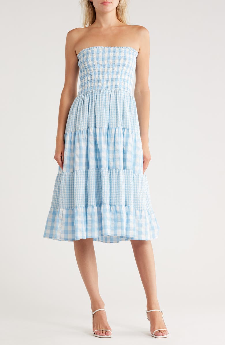 Avec Les Filles Mixed Print Tiered Cotton Gingham Maxi Skirt, Main, color, Blue/ White Gingham