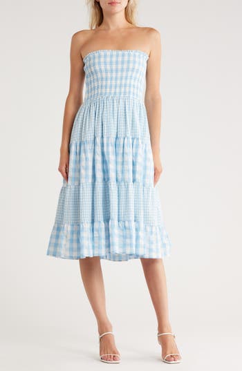 Avec Les Filles Mixed Print Tiered Cotton Gingham Maxi Skirt In Blue