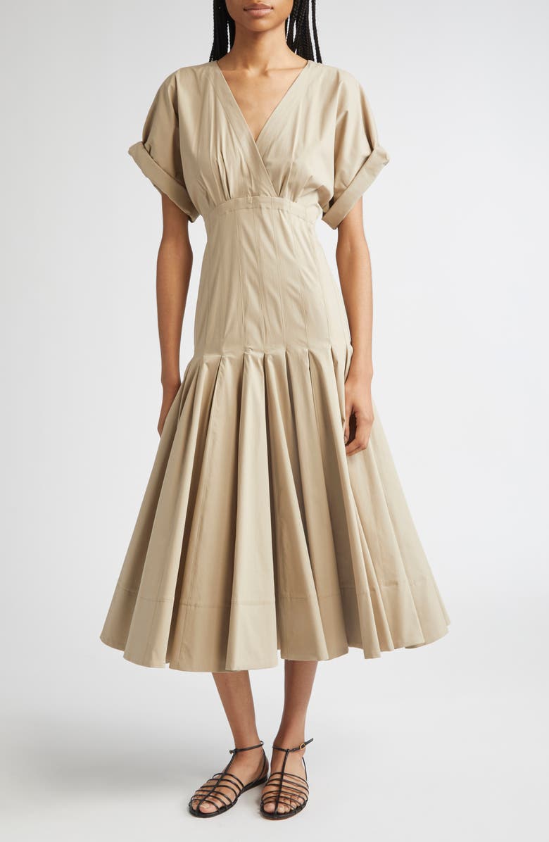 Proenza Schouler Ciara Pintuck Stretch Poplin Fit & Flare Midi Dress, Main, color, Khaki