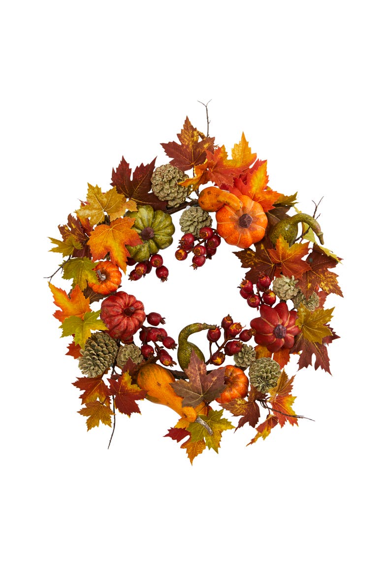 24-in Pumpkin, Gourd, Berry and Maple Leaf Wreath, Main, color, Orange