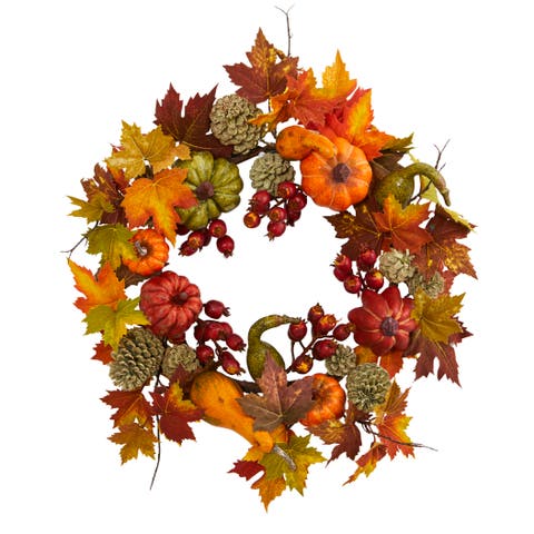 24-in Pumpkin, Gourd, Berry and Maple Leaf Wreath