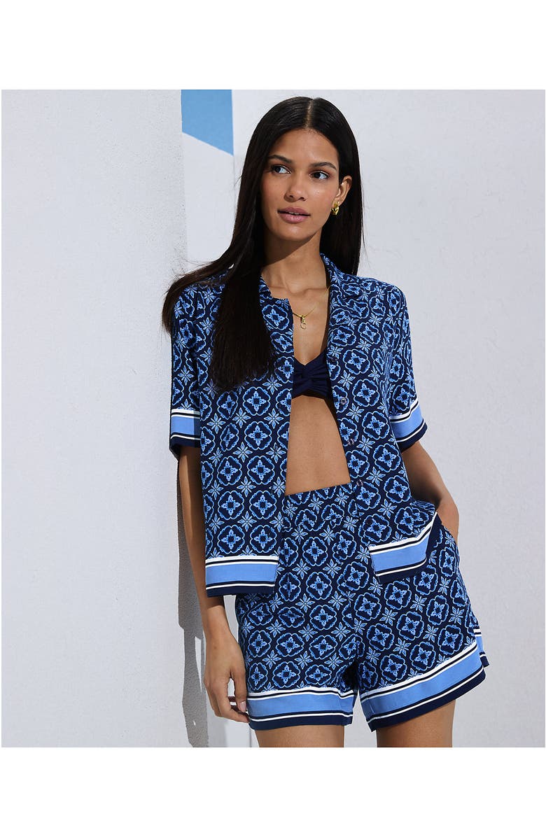 Lands' End Rayon High Rise 5" Pull On Shorts - Set Bottom, Alternate, color, Deep Sea Border Tile