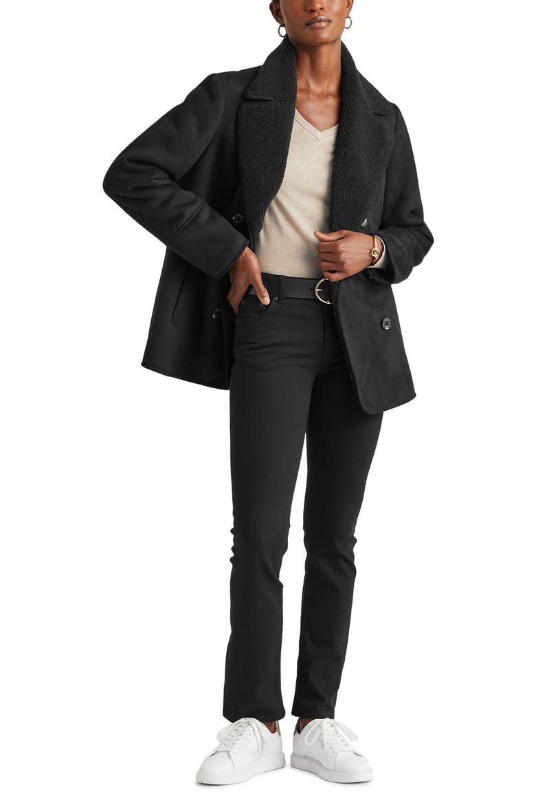 Double Breasted Faux Shearling Coat, Alternate, color, BLACK