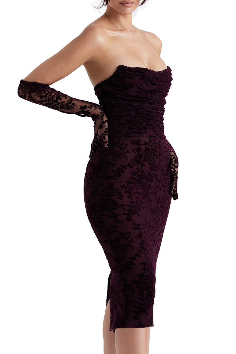 Isadora Strapless Corset Cocktail Dress & Gloves, Alternate, color, BROWN CHERRY