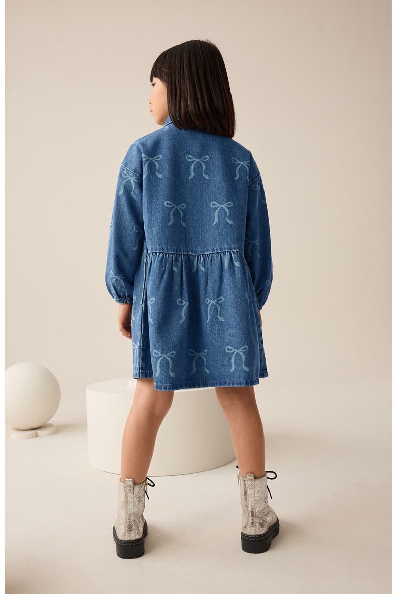 Kids' Bow Diamante Long Sleeve Denim Shirtdress, Alternate, color, BLUE