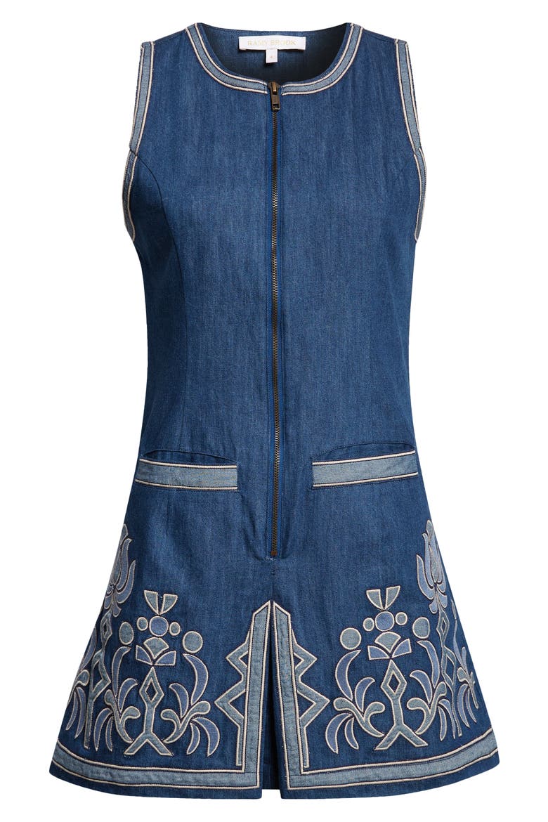Paulina Embroidered Sleeveless Denim Minidress, Alternate, color, TONAL EMBROIDERED DENIM