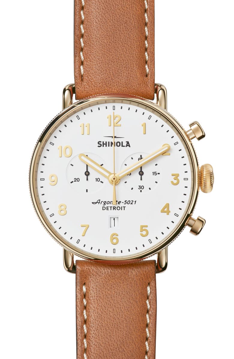 Shinola The Canfield Chrono Leather Strap Watch, 43mm, Main, color, Tan/ White/ Gold