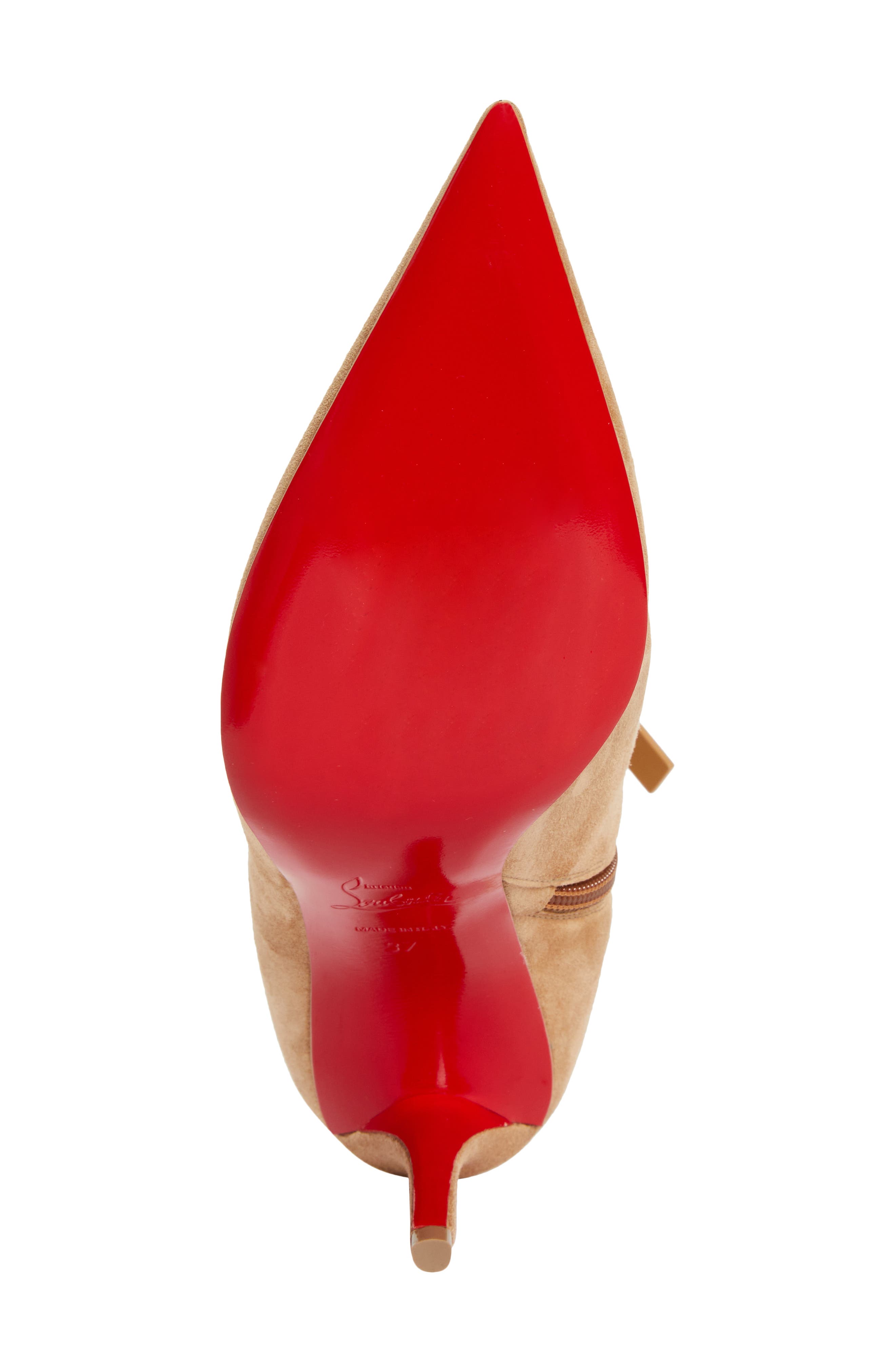 Christian Louboutin Apostropha Pointed Toe Suede Bootie, Alternate, color, Lionne