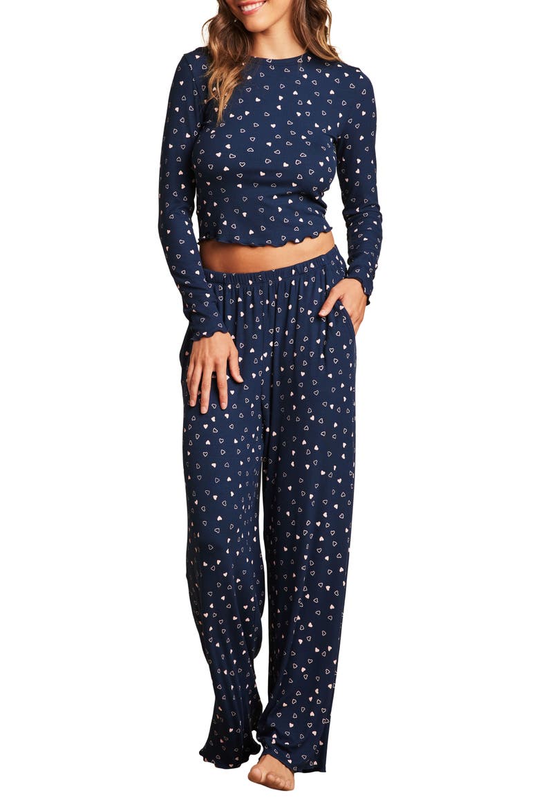 Ultra Soft Rib Lettuce Hem Crop Pajama Top, Alternate, color, MARINE/ PINK PEONIE