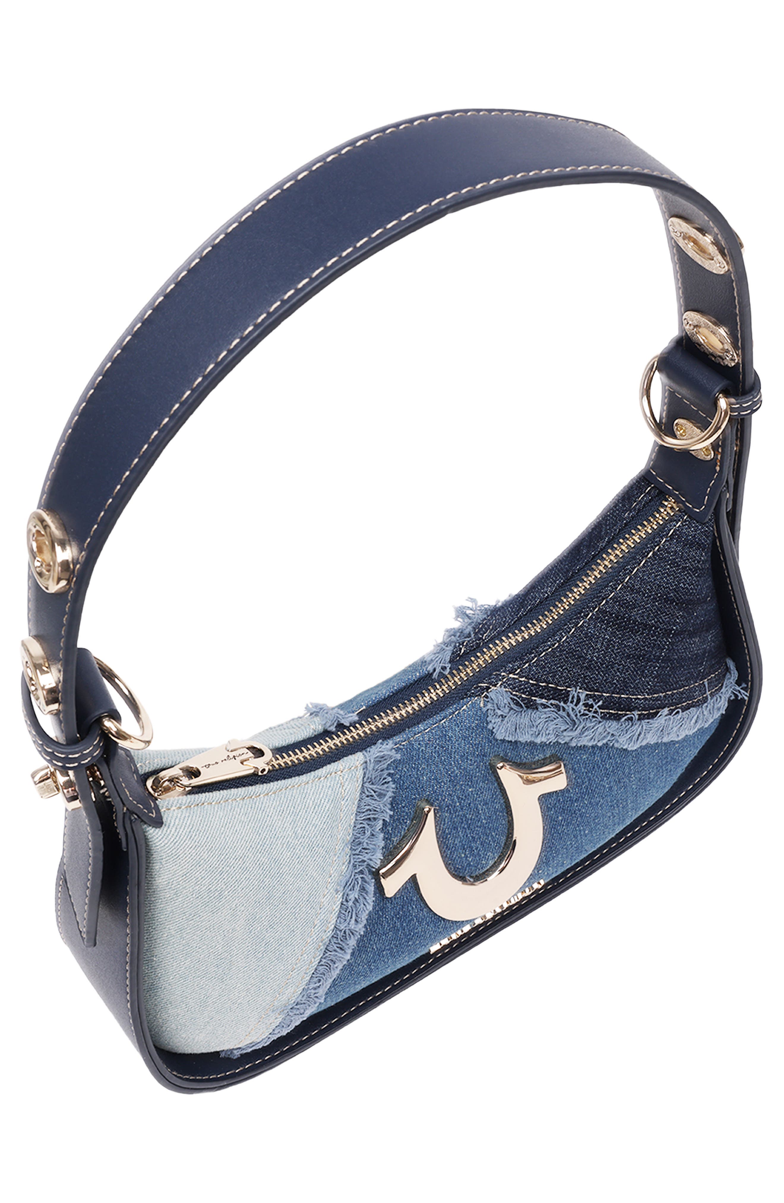 True Religion Frayed Denim Horseshoe Shoulder Bag, Alternate, color, Denim/ Blue
