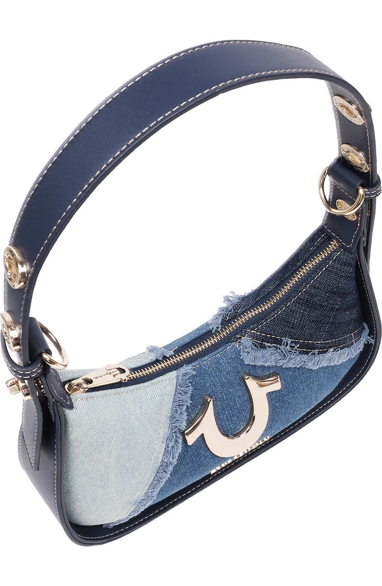 True Religion Frayed Denim Horseshoe Shoulder Bag, Alternate, color, Denim/ Blue