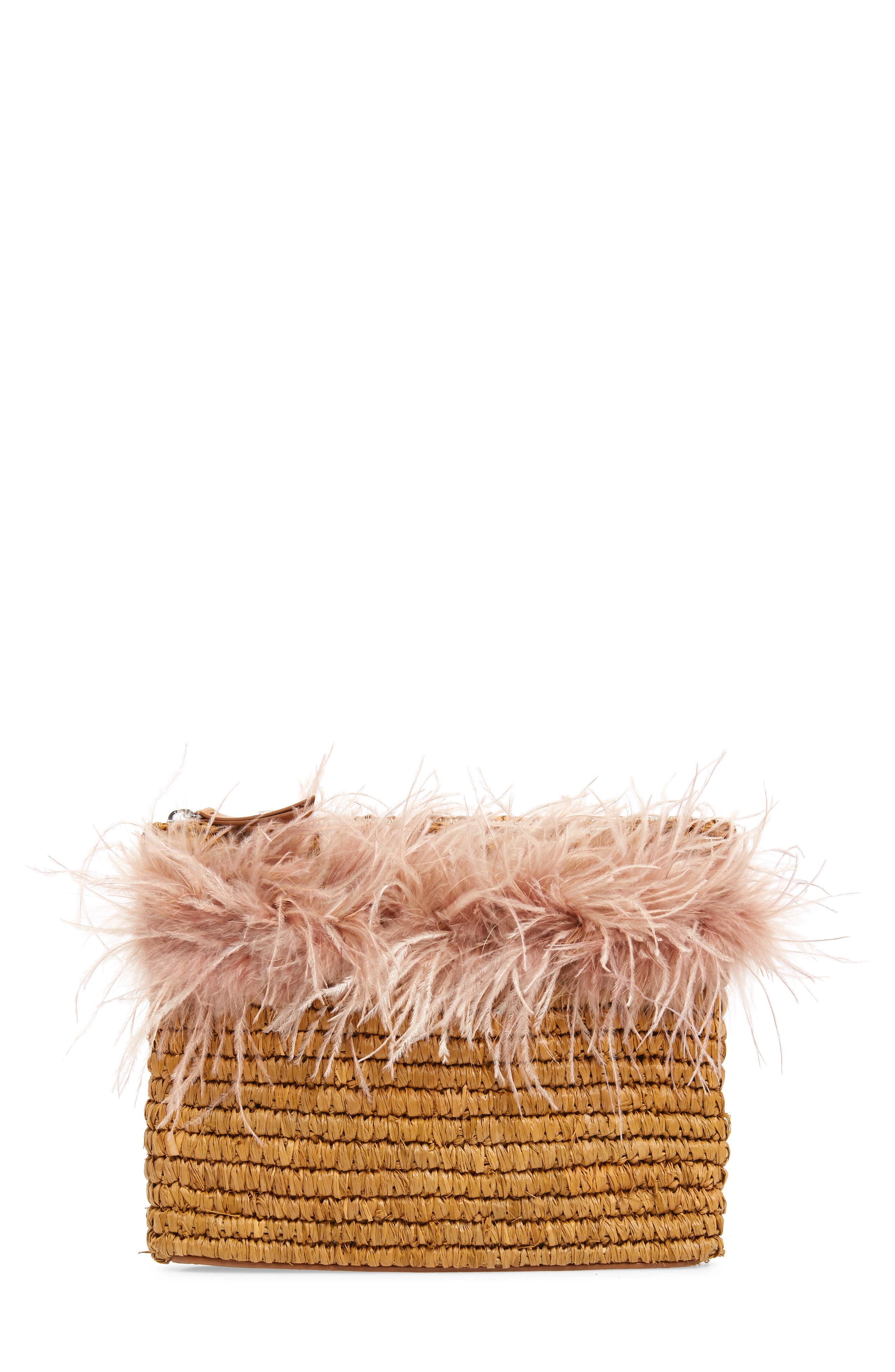 Feather Trim Straw Clutch, Main, color, MIEL/ BUFF PINK