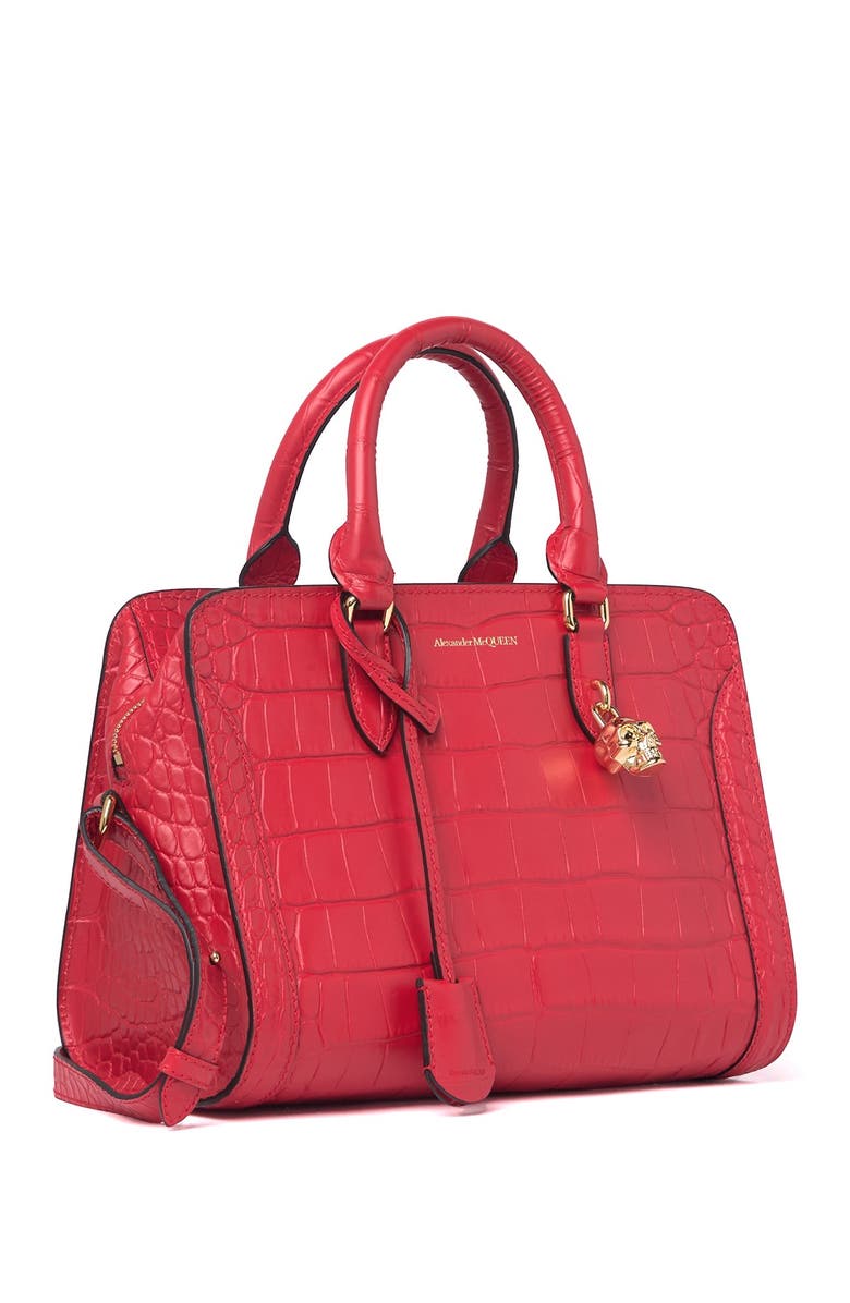 McQueen Croc Embossed Leather Small Zip Shoulder Bag, Alternate, color, 