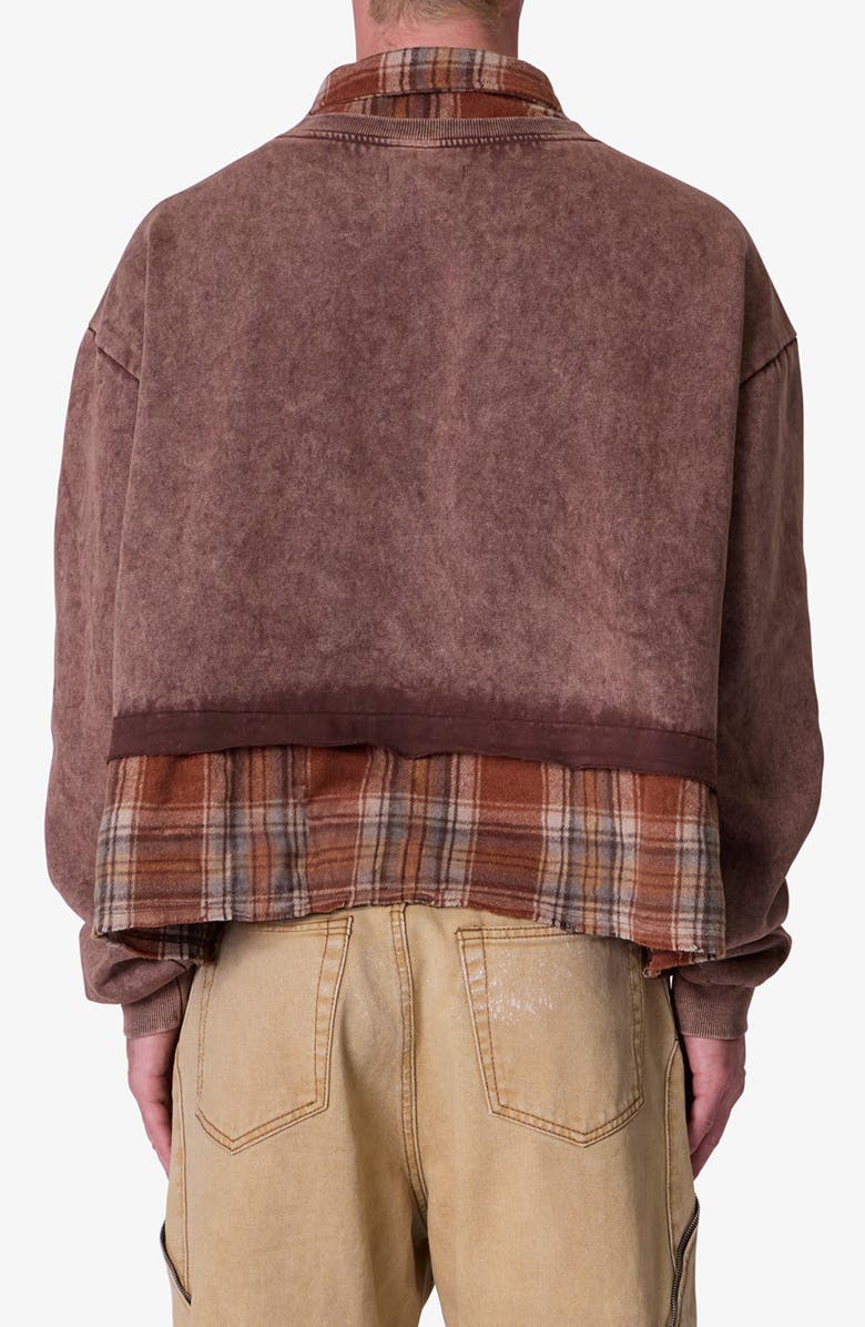 mnml Plaid Flannel Layered Look Crewneck Sweatshirt, Alternate, color, Brown
