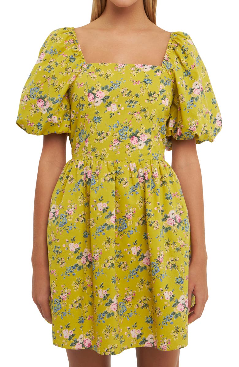 English Factory Floral Print Cutout Back Puff Sleeve Minidress, Alternate, color, Celery