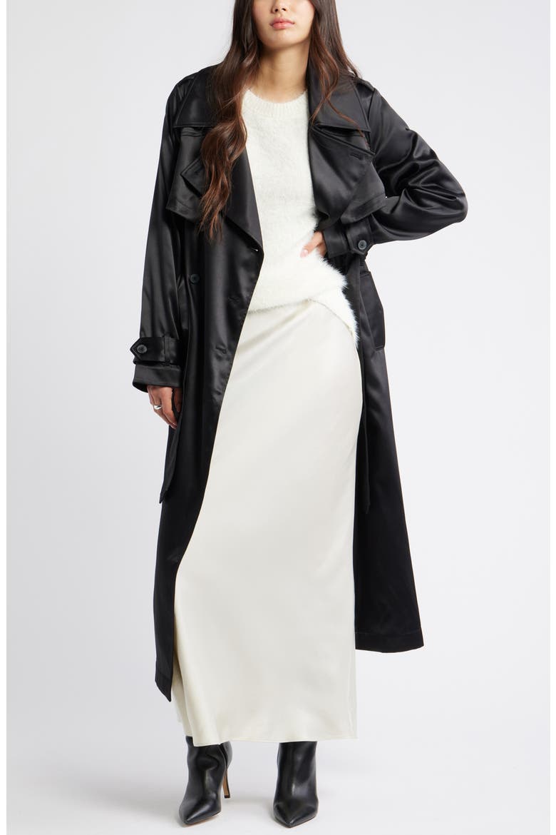 Belted Satin Trench Jacket, Alternate, color, BLACK