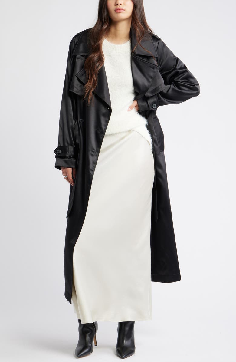 Open Edit Belted Satin Trench Jacket, Alternate, color, Black