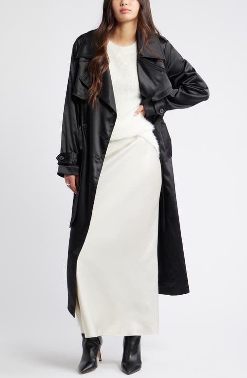 Open Edit Belted Satin Trench Jacket In Black