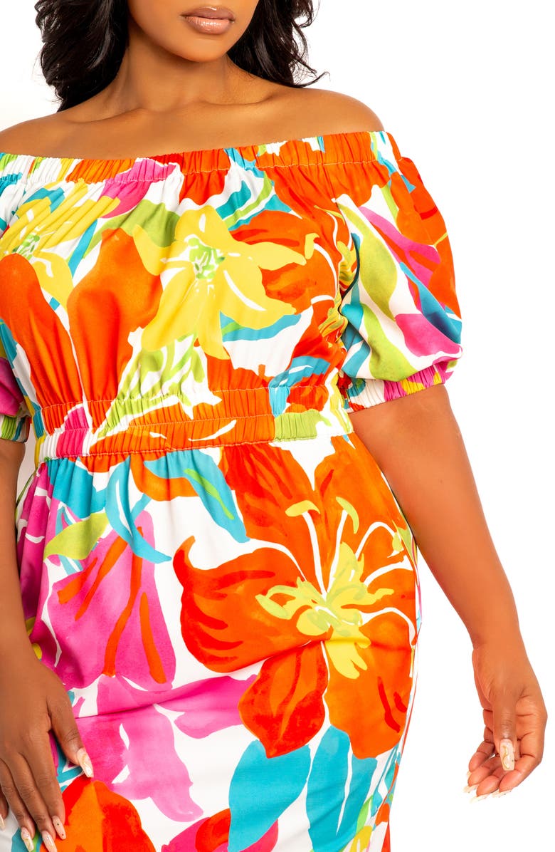 BUXOM COUTURE Floral Print Off the Shoulder Bow Back Dress, Alternate, color, White Multi