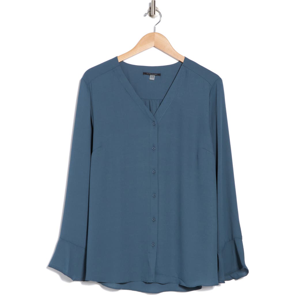 T Tahari Long Sleeve Button-up Top In Deep Slate Blue