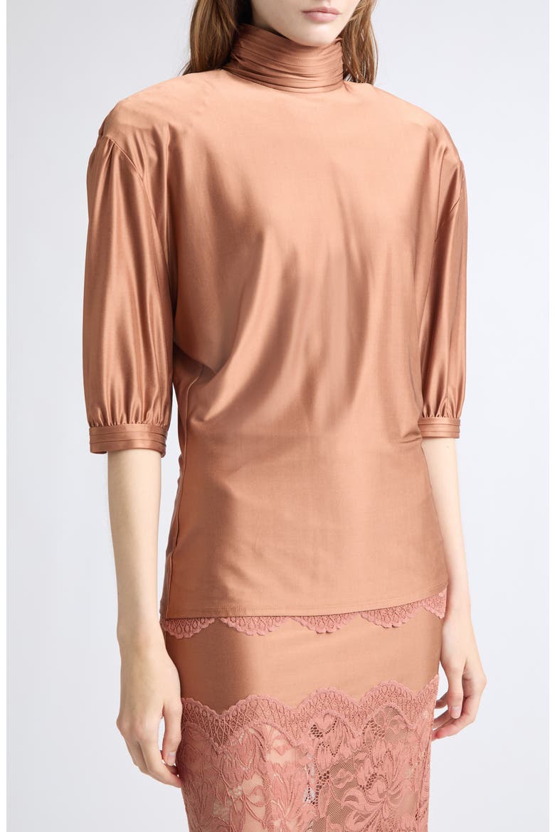 Puff Sleeve Ruched Mock Neck Top, Alternate, color, NEW CARAMEL