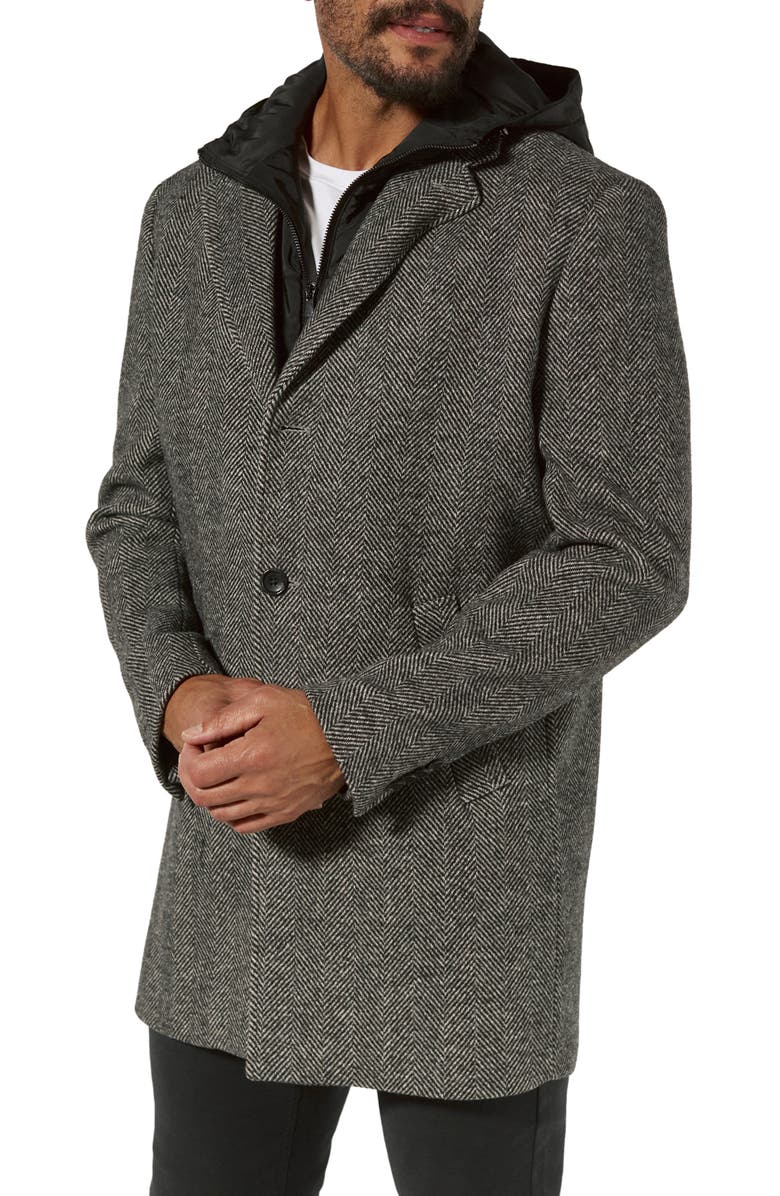 7 Diamonds The Downtown Wool Blend Herringbone Overcoat with Removable Hooded Bib, Main, color, 