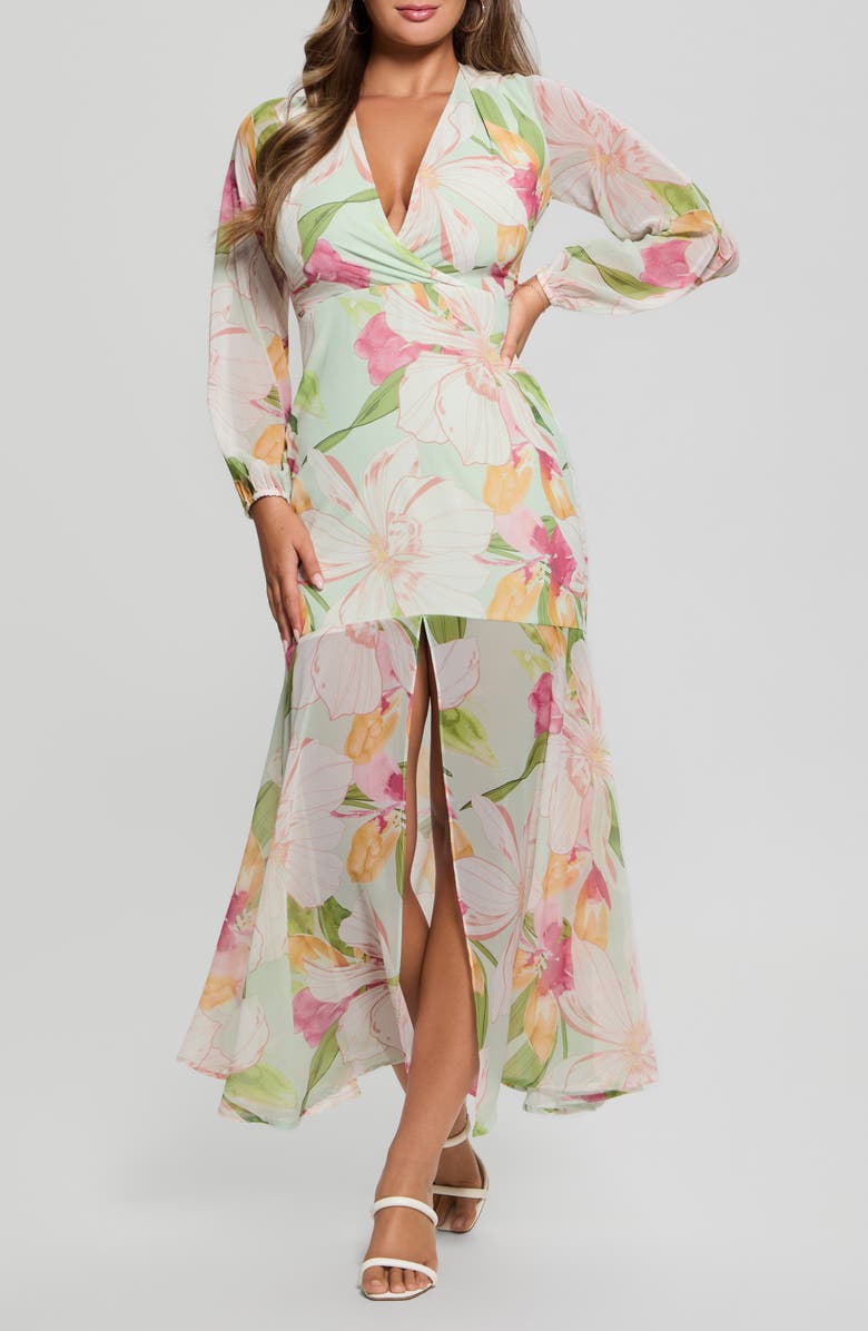 GUESS Talia Tropical Floral Long Sleeve Dress, Main, color, Petals In Paradise Print