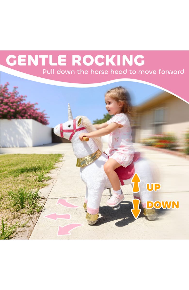 Qaba Ride on Unicorn Toy for Kids Plush Baby Rocking Horse Mechanical Walking Animal with Wheels No Batteries Required, Alternate, color, White