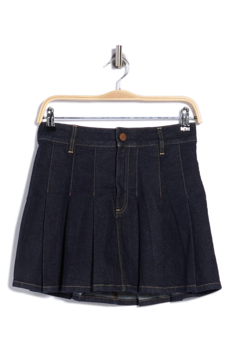 Suzie Pleated Denim Miniskirt, Main, color, DARK RINSE