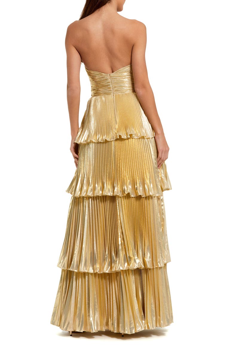 Petite Strapless Metallic Pleated Tiered Gown, Alternate, color, Gold