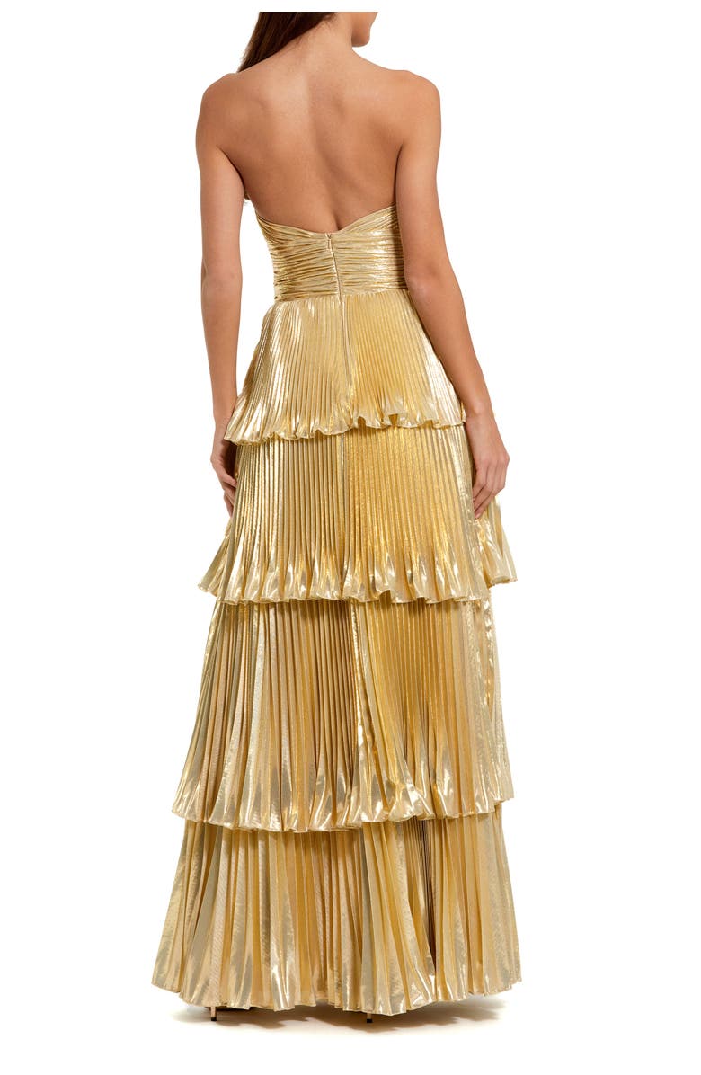 Mac Duggal Petite Strapless Metallic Pleated Tiered Gown, Alternate, color, Gold