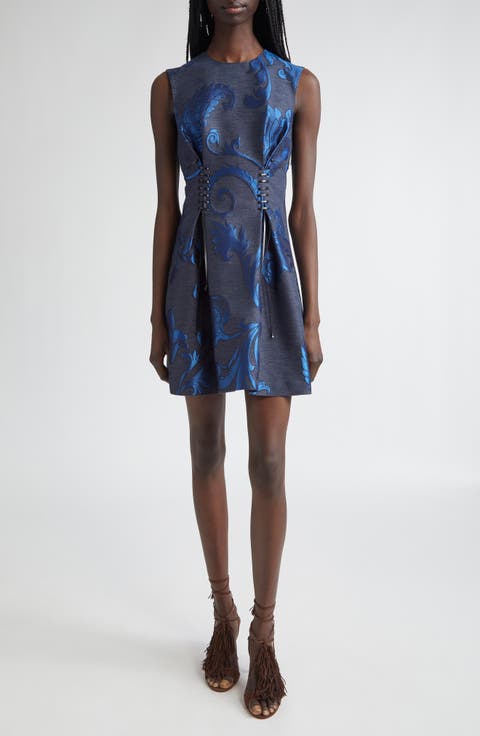 ワンピース ETRO Woman Dress Gnawed Blue WRHA0070AK782 X0885 Bandeau Starfish Trim Belted Mini Dress In Blue | EGO Shoes