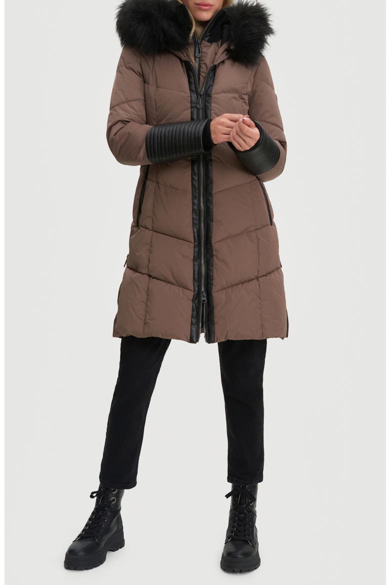 Priya Water Resistant Mixed Media Parka with Faux Fur Trim, Main, color, MOCHA