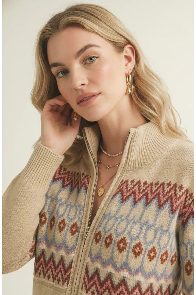 Fair Isle Zip Cardigan with Ribbed Trim, Alternate, color, Fair Isle