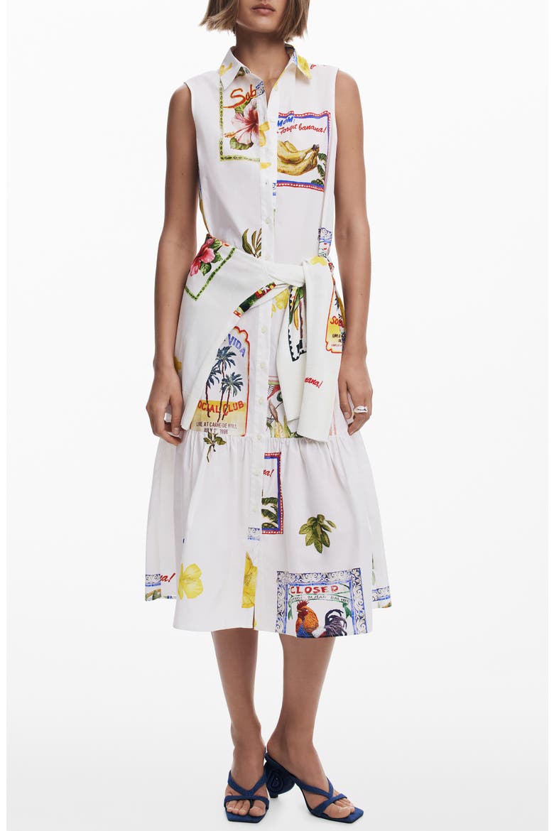 Mixed Print Cotton Sleeveless Shirtdress, Main, color, LIGHT BEIGE